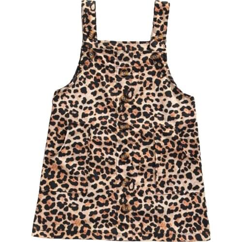 2021 2-7Y Fashion Toddler Girls Dress Leopard Print Button Square Collar Sleeveless Overalls Kids Summer A-line Dress