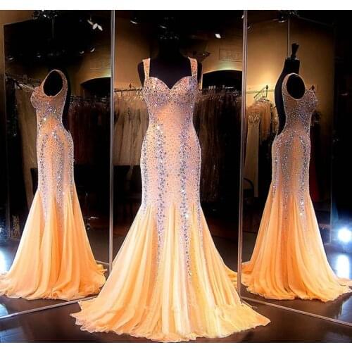 Mermaid Prom Dresses 2019 Gorgeous Coral Sweetheart Luxury Crystal Tulle Beaded Backless Sequin Long Evening Formal Gowns