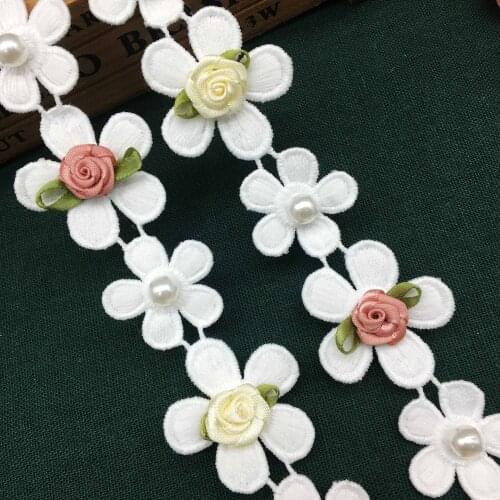 1 yard Cotton Pearl Rose Flower Embroidered Lace Ribbon Applique Fabric Handmade DIY Clothes Sewing Craft Lace Trim Decoration