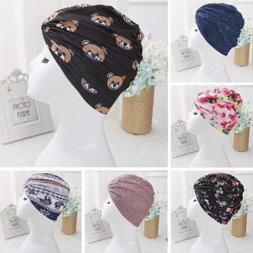 2021 Summer Sexy Women Cartoon Printing Bathing Cap Quick Dry Pleated Knot Girls Elastic Swimming Pool Hat