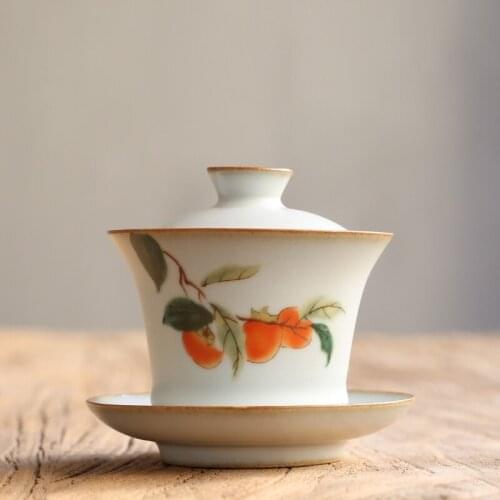 Ru Kiln Persimmon Ceramic Cover Bowl Teacup Sancai Gaiwan Tea Bowl Kung Fu Red Tea Puer Tes Set Tea Cups for Home Drinkware