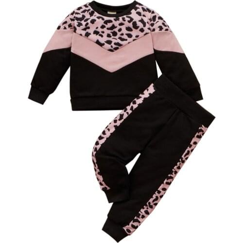 Children Baby Girls Leopard Print Clothes Set, Girls Contrast Color Long Sleeve O-neck Tops+Elastic Waist Trousers 3M-4T
