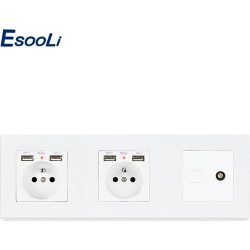 ESOOLI PC Plastic Panel Double French Standard Socket with 4 USB Female TV Jack With Internet Computer Data RJ45 CAT5E