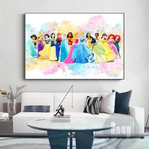 Disney Princesses Canvas Painting Watercolor Poster and Prints Nursery Wall Art Picture for Kids Room Decor Cuadros Unframed