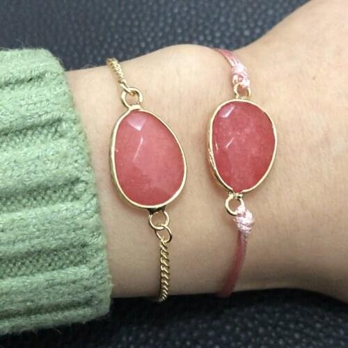 KBJW Original Natural Stone Bracelet Watermelon-Red Color Stone Charm Bracelet Gold Color Chain Handmade Bracelet for Women