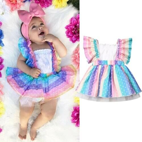 2pcs Set Newborn Kid Baby Girl Clothes Sets White Vest Dot Print Rainbow Striped A-Line Romper Dress Outfits Set