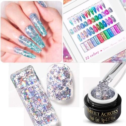 MEET ACROSS Nail Flash Diamond Gel Nail Polish Shiny Glitter Sequins Lacquers Varnish Soak Off UV Glue Nail Beauty Design