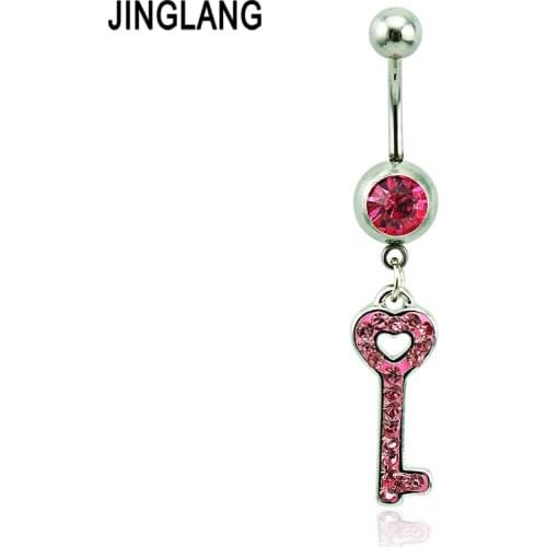 Retails Fashion Belly Button Rings 316L Stainless Steel Barbells Dangle Pink Rhinestone Key Navel Rings Jewelry