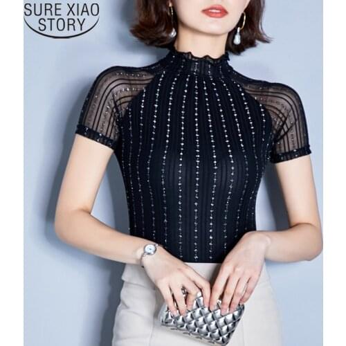 Fashion Summer Tees Women T Shirt 2021 Ladies Tops Short Sleeve Top for Women TShirts Striped Ruffled Mesh Shirt Plus Size 4411