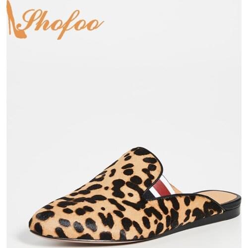 Brown Leopard Round Toe Flats With Slippers Outside Slides Woman Large Size 11 16 For Ladies Female Summer Mules Shoes Fashion