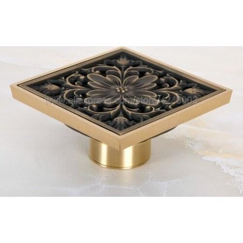 Floor Drains 10cm Antique Brass Art Flower Carved Bathroom Shower Square Strainer Waste Grate Floor Drain Khr045