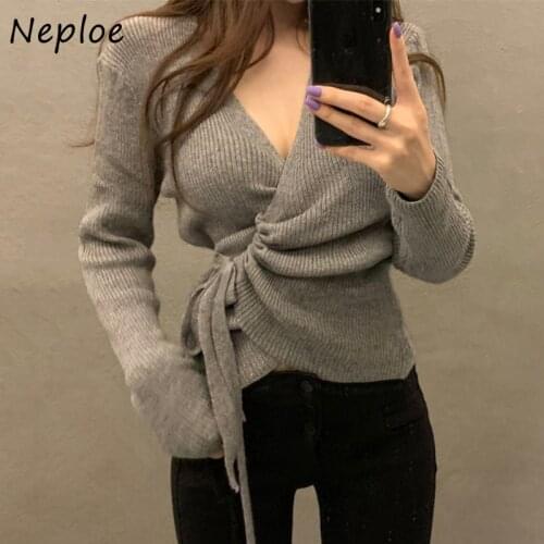 Neploe Irregular Drawstring Slim Waist Sweater Women 2021 Autumn Solid Color ChicTop V-neck Fashion All-match Knitted Pullovers