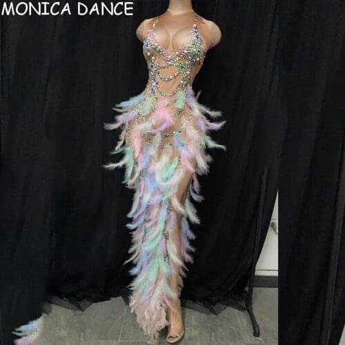 Nightclub Djds Sexy Stage Feather Rhinestone Dress Women Elastic Sleeveless Prom High Slit Dress Stage Performance Dress