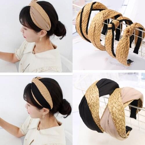 Bohe Handmade Knitted Straw Woven Hair Hoop Knotted Wide Size Headband For Women Bezel Turban Hairband Girls Hair Accessories