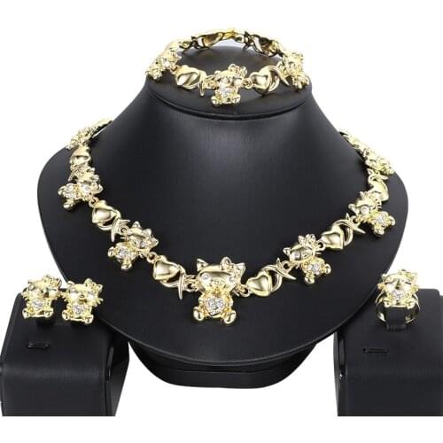 Wholesale African Dubai Gold Bridal XO Jewelry Sets for Women Bracelet Earrings Wedding Party Crystal Necklace Ring Jewelry Sets