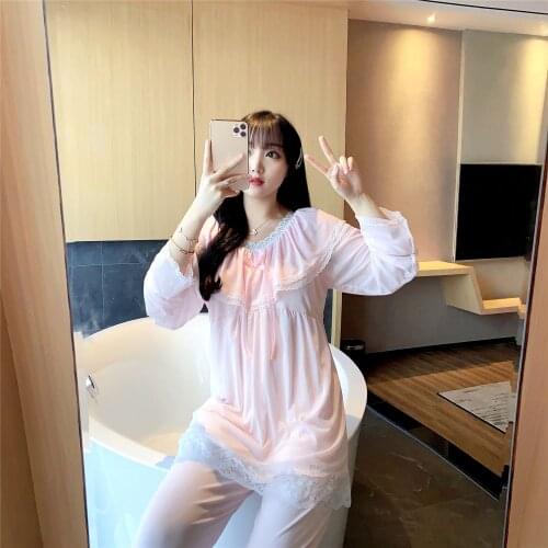 Princess Wind Belt Bra Pajamas Womens Spring Autumn Cotton Nightwear Long Sleeve 2Pcs Suit Court Home Clothes Sleepwear