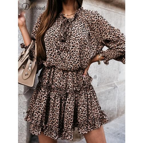 DICLOUD Leopard Dress Woman Long Smocked Sleeve Ruffles Mini Party Dresses High Street Autumn New Lace Up Ladies Vestidos