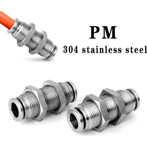 304 stainless steel pneumatic connector PM partition metal quick plug connector 4 6 8 10 12 16mm trachea connector