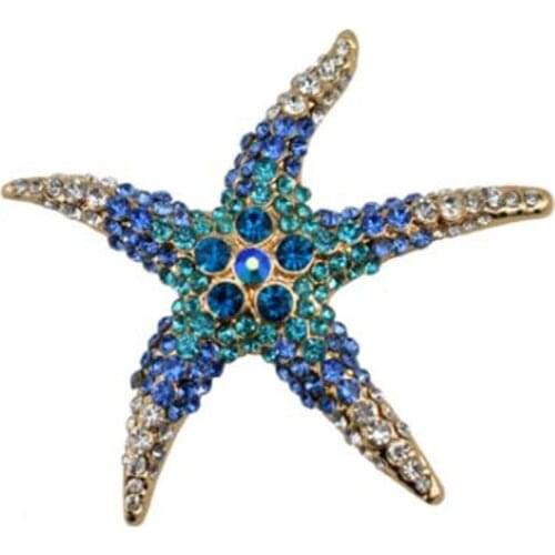 WKOUD Factory Direct Sale Blue and Red AB Crystal Rhinestones Pave Setting Starfish Brooch Pins for Women