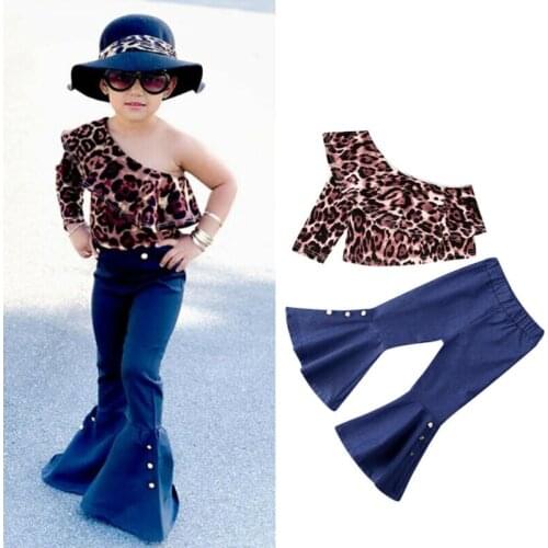 PUDCOCO Fashion Kids Baby Girl Clothes Leopard Off-Shoulder Tops+Flared Denim Pants Outfits 1-6Y