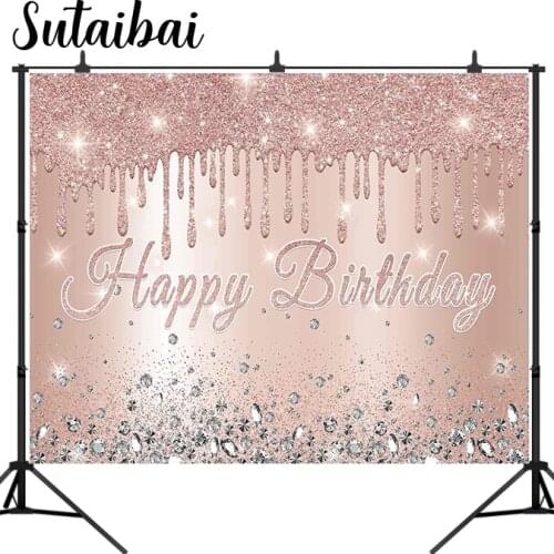 Rose Golden Birthday Party Backdrop Glitter Diamonds Pink Photography Background Girls Sweet 16th 18th Congrats Party Booth