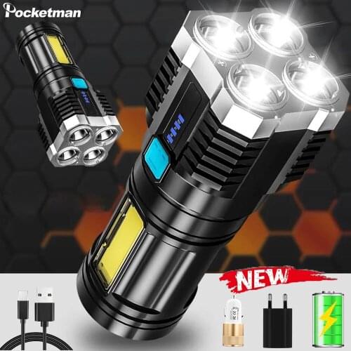 80000 Lumen LED Flashlight 4 LED+ Side Light 4 Modes Waterproof USB Rechargeable Torch Built-in Battery Longe Range Flashlight