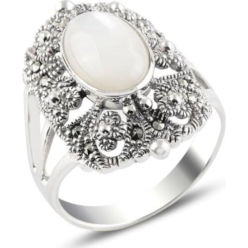 Silver 925 Sterling Pearl & Marcasite Ring