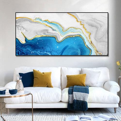 Modern Abstract Landscape Wall Art Gold Oil Painting Posters and Prints on Canvas Blue Ink Painting Picture for Livingroom Decor