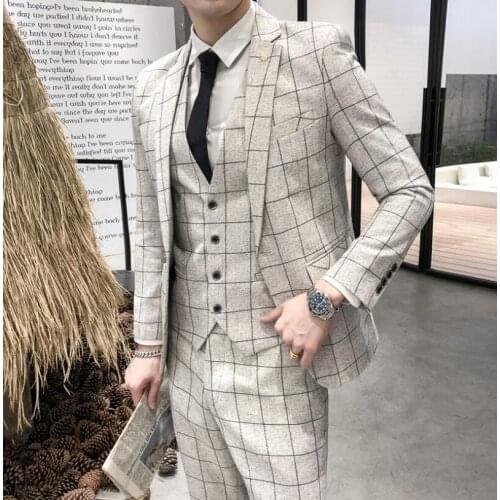 2021 Wedding Men Suit Set 3 Pieces British Beige Plaid Mens Suits slim fit Tweed Male Tuxedo Casual Blazer (Jacket+Pants+Vest)