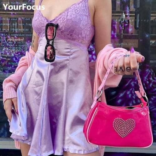 Vintage harajuku PU leather baguette bag kawaii cute sweet Rhinestone heart handbag mini underarm bag axillary pouch