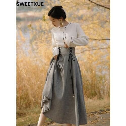 SWEETXUE White Little Fragrant Sweater + Gray Plaid Double Tie Skirt Retro 2 Piece Set Outfits Female 2021 Autumn Winter Women