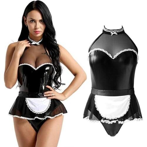 2Pcs Sexy Maid Leotard Women Wet Look Patent Leather Cosplay Nightclub Costume Halter Jumpsuit with Apron Maidservant Outfit
