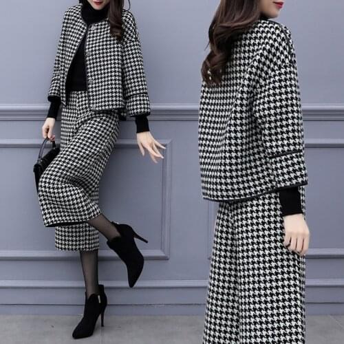 2020 New Autumn Winter Suit Sets Formal Plaid Houndstooth Blazer Jacket Coat Wide Leg Pants Office Ladies Work Clothing