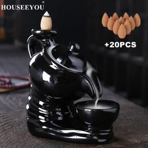20PCS Sandalwood +Teapot Cup Shape Ceramic Backflow Incense Burner Holder Handmade Black Aromatherapy Censer Home Buddhist Decor