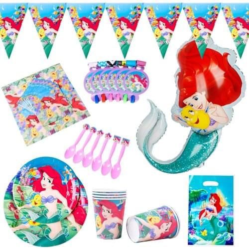 For 6 People Cartoon Mermaid Ariel Princess Theme Party Supplies Paper Cup Plates Banner Tablecloth Birthday Party Decorations