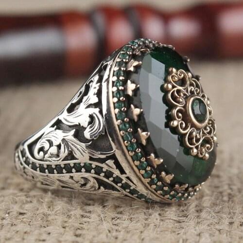 Elegant Dark Green Zircon Men Ring Antique Silver Color Vintage Punk Hollow Carving Leaves Beaded Finger Rings for Women