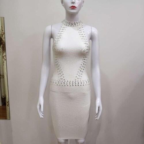 Hot selling women bandage dress handmade beading sleeveless round neck bodycon party dress luxury crystal women dress beading