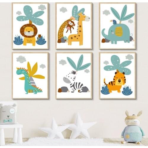 Cartoon Lion Elephant Giraffe Tree Wall Art Canvas Painting Nordic Posters And Prints Wall Pictures Kids Boy Baby Room Decor