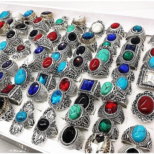 MIXMAX 20pcs/lot nature stone Tibetan Silver rings men vintage alloy couple anillo hombre jewelry rings women wholesale lots