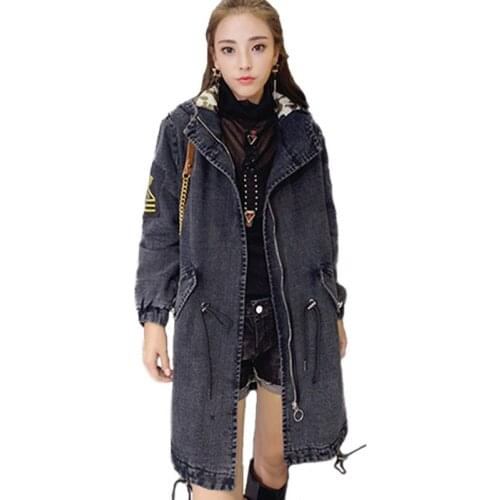 New Winter Denim jacket Women Cotton Jackets Thicken Warm coat Fur collar Hooded Casual tops Fashion Female Jeans parkas N259