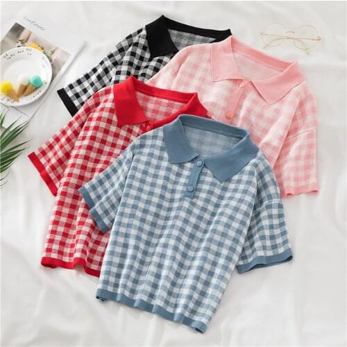 Japanese Preppy Style Sweet Cute Plaid T Shirt Girls Knitted Crop Top T Shirt Women Elegant T-Shirt Female Pullover Knitwear