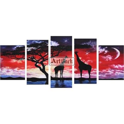Multi-Picture 5pcs 5D Diamond Painting Sunset Tree Giraffe Full Square & Round Drill Diamond Embroidery Mosaic Home Decor
