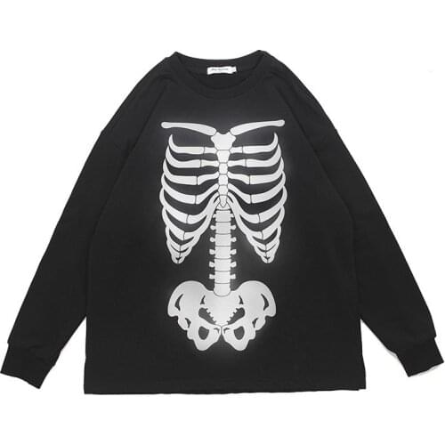 Street Hip Hop Oversize Casual Sweatshirts Men 3M Reflective Bone Spine Skeleton Skull Print Sweat Punk Style Loose Pullover