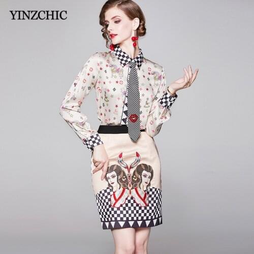Office Lady Print Suit Autumn New Female Elegant 2pcs Set Suit Turn-down Collar Blouse Pencil Skirt Set for Woman