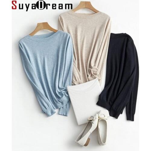 SuyaDream Women Wool Sweaters Silk Cashmere Blend Slash Neck Comfortable Pullovers 2021 Fall Winter Top