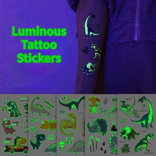 Luminous Dinosaur Kids Tattoo Stickers Cartoon Fun Glowing Stickers Temporary on Face Arm Leg Body Art Halloween Decoration