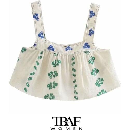 TRAF Za Women Fashion Floral Embroidery Cropped Tank Tops Vintage Back Elastic Wide Straps Female Camis Mujer