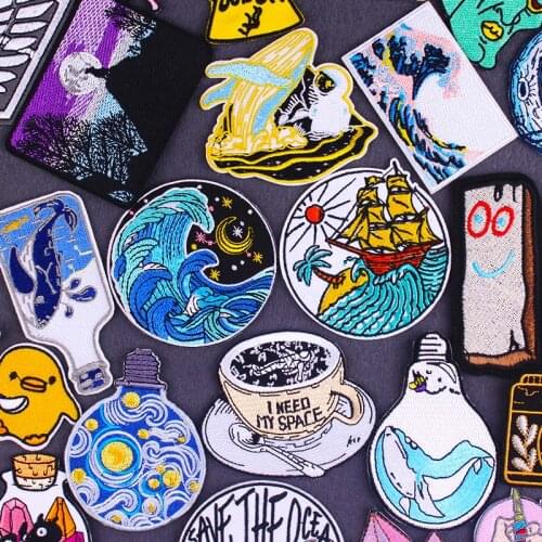 Waves Patch Embroidered Patches For Clothing Applique Patches on Clothing Astronaut Whale Patch Sewing Heat-Transfer Decor Cloth