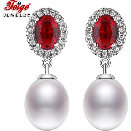 Luxury Red Cubic Zirconia White Ellipse Freshwater Pearl Stud Earrings for Women Party Jewelry Gifts Dropshipping FEIGE