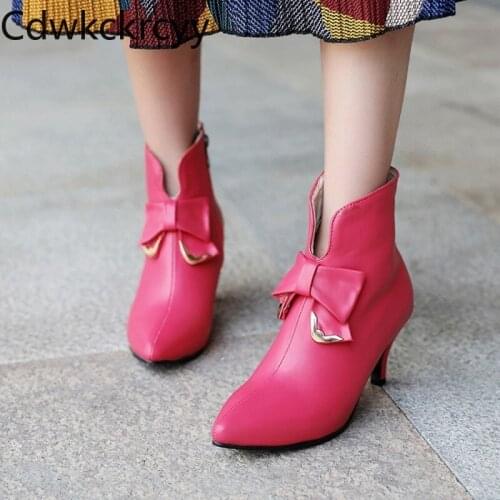 Winter The New fashion Pointed Fine heel Martin boots red sweet Bow Plus velvet Keep warm High heel Women boots size 34-48
